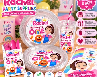 May include: A Ms. Rachel themed party supply set featuring clear plastic plates with silver rims, a clear tumbler with a pink and white striped straw, and a utensil holder containing a pink fork, spoon, and knife. All items display the text Halfway To One.