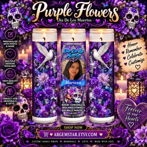 May include: Three cylindrical glass candles featuring a purple floral theme with sugar skulls, white doves, and a central portrait of a person named Marissa. The design includes the text Dia De Los Muertos and Spanish memorial phrases.