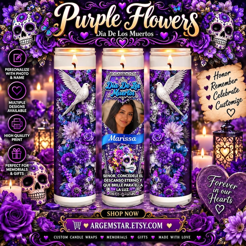 May include: Three cylindrical glass candles featuring a purple floral theme with sugar skulls, white doves, and a central portrait of a person named Marissa. The design includes the text Dia De Los Muertos and Spanish memorial phrases.