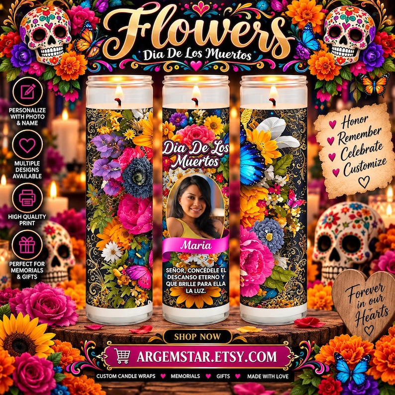 May include: Three cylindrical glass candles featuring vibrant floral patterns, butterfly motifs, and sugar skull imagery. The center candle displays a photograph of a person, the name Maria, and Spanish text. The design includes colorful marigolds.