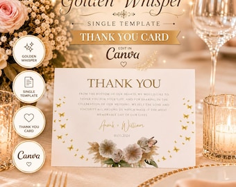 Wedding Thank You Card Template Canva, Editable Thank You Card, Floral Wedding Stationery, Printable Thank You Note, Golden Whisper