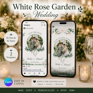 Modelos de Instagram para casamento em jardim de rosas brancas, posts e stories editáveis no Canva, anúncio de casamento nas redes sociais, modelo de "Reserve a Data".