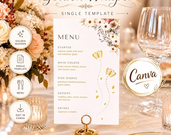 Plantilla editable de menú de boda en Canva, tarjeta de menú Golden Whisper, menú de recepción floral, cartel de boda imprimible, menú de boda A6