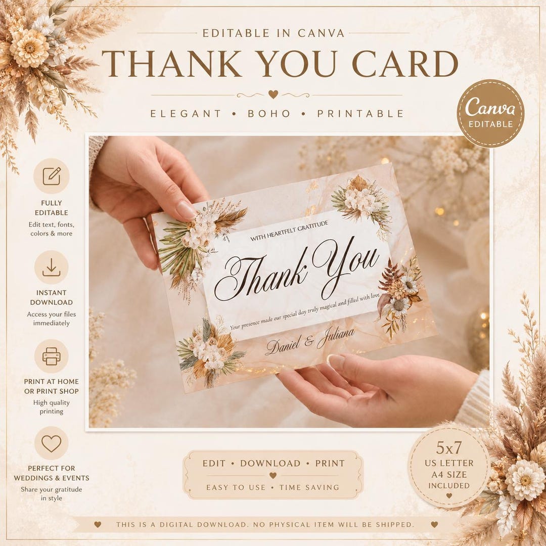 Boho Floral Thank You Card Template, Editable Wedding Thank You Card ...