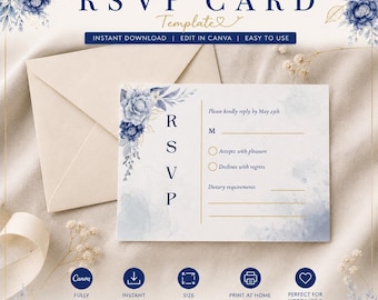 Blue Floral RSVP Card Template | Editable Canva Wedding RSVP Card | Printable Wedding Response Card | Instant Download Wedding Stationery