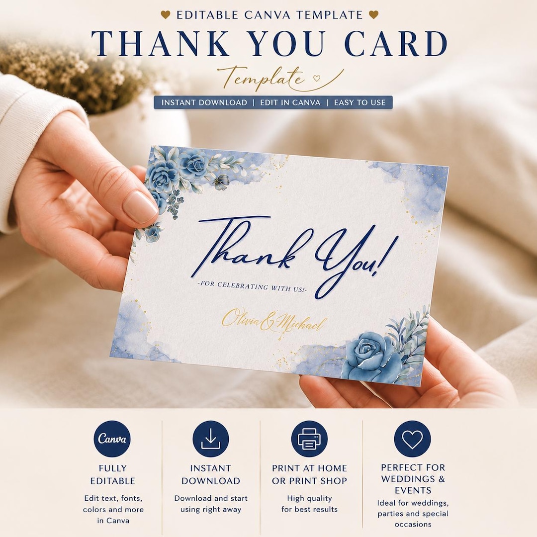 Blue Floral Wedding Thank You Card Template | Editable Canva Thank You ...