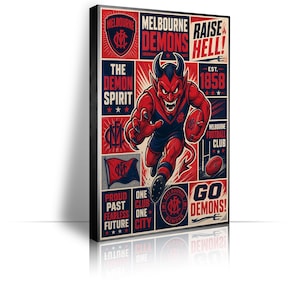 Könnte beinhalten: Ein rechteckiger Wandkunstdruck des Melbourne Demons Football Clubs. Das Design zeigt ein zentrales rotes Teufelsmaskottchen, den Text Melbourne Demons, Raise Hell, Est. 1858, The Demon Spirit, Go Demons sowie verschiedene Vereinslogos in Rot, Marineblau und Weiß.