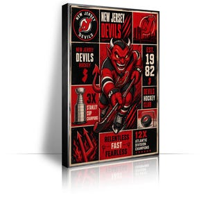 Könnte beinhalten: Ein rechteckiger Wandkunstdruck des Eishockeyteams New Jersey Devils. Das Design zeigt ein rotes Teufelsmaskottchen mit einem Hockeyschläger, den Stanley Cup, Teamlogos sowie den Text New Jersey Devils, Est. 1982 und 12X Atlantic Division Champions.