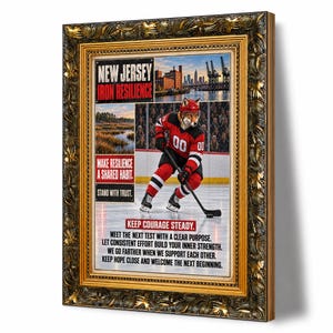 May include: A framed wall art piece featuring a fox hockey player in a red and black jersey on ice. The text reads New Jersey Iron Resilience, Make Resilience A Shared Habit, Stand With Trust, Keep Courage Steady, and motivational phrases.