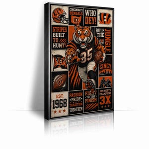 Op de afbeelding: Een rechthoekige wandkunstprint met een Cincinnati Bengals football-thema, met een centrale tijgermascotte in een shirt, omringd door teksten zoals Who Dey, Rule the Jungle en Est. 1968, in een kleurenpalet van zwart, wit en oranje.