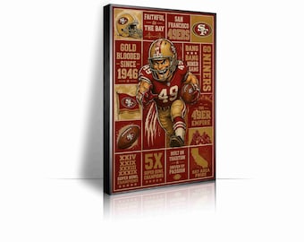 Puede incluir: Una impresión de arte mural rectangular con un tema de fútbol americano de los San Francisco 49ers. El diseño incluye un jugador central con uniforme rojo y dorado, un balón, un casco y texto como Faithful to the Bay, Gold Blooded Since 1946 y 5X Super Bowl Champions.