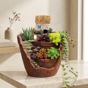 Fairy Garden Planter, Tiered Resin Succulent Pot with Miniature House and Stairs, Rustic Flower Pot, Desk Shelf Decor, Housewarming Gift