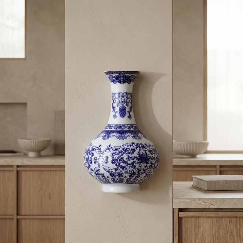 May include: A white and blue ceramic vase with a bulbous body and a narrow neck. The vase features intricate blue floral and scrollwork patterns. The vase is mounted on a beige wall, showcasing its decorative design.