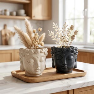Buddha Face Planter Pot | Resin Head Flower Pot | Indoor Succulent Plant Holder | Zen Garden Decor | Beige Blue Home Accent Gift Idea Decors