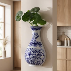 May include: A white and blue porcelain vase with a floral design, mounted on a wall. The vase holds green leafy plants. The vase has a bulbous body and a flared neck, with intricate blue patterns.