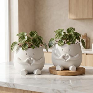 May include: Two white ceramic planters shaped like rounded figures with small feet and arms forming a heart shape in front. Each planter holds a small plant with green and silver striped leaves. One planter sits on a round wooden base.