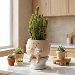 Rolig toalettsuckulentplanter, kreativ keramisk blomkruka, söt miniatyrväxthållare, modern skrivbordsdekor, udda badrumsbord