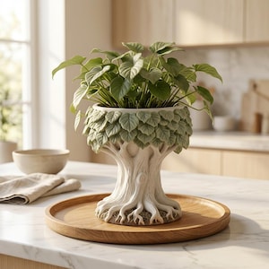 May include: A ceramic planter shaped like a tree trunk with exposed roots at the base and a textured canopy of sculpted leaves around the rim. The planter is off-white with pale green leaf details and contains a lush green leafy plant.