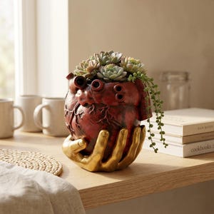 Peut inclure: Un pot de fleurs en forme de cœur anatomique rouge tenu par une paire de mains dorées. Le pot contient plusieurs plantes succulentes vertes et une plante retombante de type collier de perles. Le cœur présente des veines réalistes.