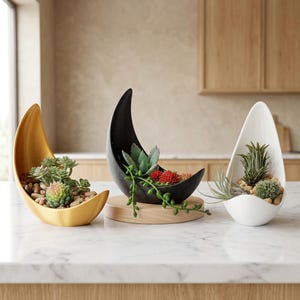 Black Crescent Moon Planter, Modern Minimalist Plant Pot for Succulents, Gothic Boho Decor, Ceramic Indoor Flower Holder, Celestial Style