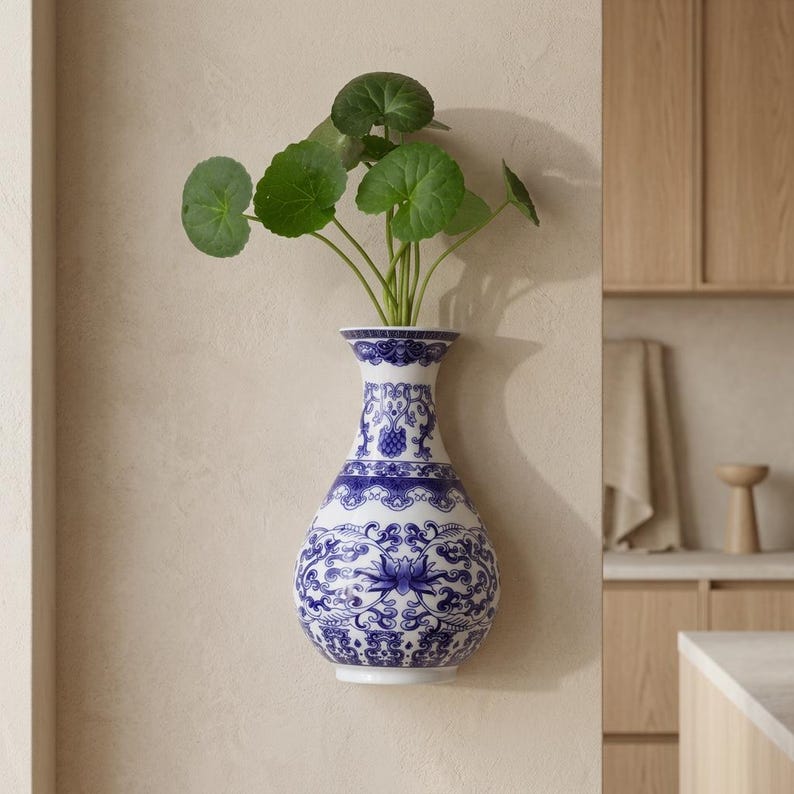 May include: A white and blue porcelain vase with a floral design, mounted on a wall. The vase holds green leafy plants. The vase has a bulbous body and a flared neck. The design is in a traditional Chinese style.