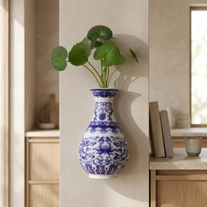 May include: A blue and white porcelain vase with a floral design, mounted on a wall. The vase holds a small green plant with round leaves. The vase has a bulbous body and a narrow neck, with intricate patterns.