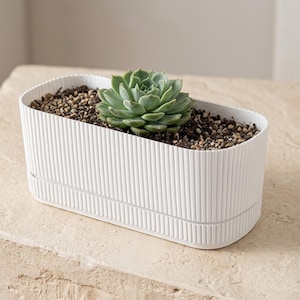 Self Watering Planter, Modern White Flower Pot, Indoor Succulent Plant Holder, Ribbed Desktop Planter, Window Sill Garden Pot