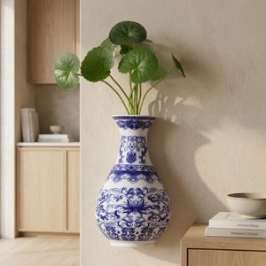 May include: A white and blue porcelain vase with a floral design is mounted on a wall, holding green leafy plants. The vase has a bulbous body and a flared neck. The blue pattern is intricate and detailed.