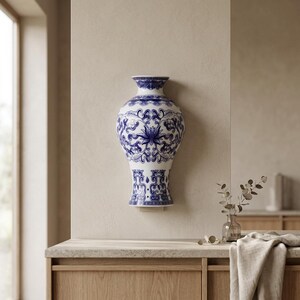 May include: A white and blue porcelain vase with a floral design. The vase is mounted on a wall and features intricate patterns in blue against a white background. The vase has a bulbous body and a flared rim, showcasing a classic aesthetic.