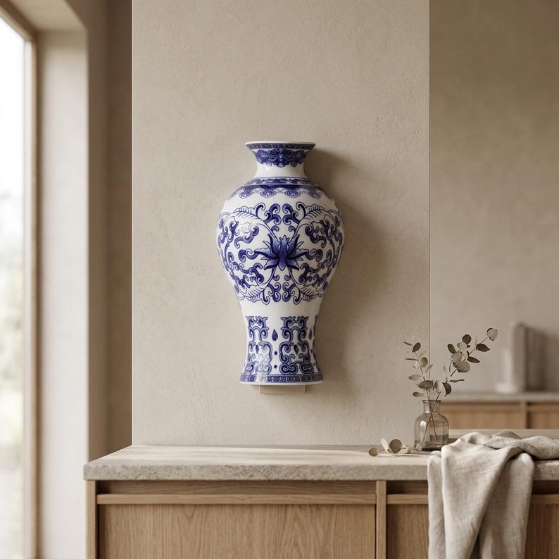 May include: A white and blue porcelain vase with a floral design. The vase is mounted on a wall and features intricate patterns in blue against a white background. The vase has a bulbous body and a flared rim, showcasing a classic aesthetic.