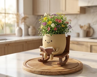 Cute Reading Planter Pot, Smiling Resin Succulent Pot with Drainage Hole, Book Lover Desk Decor, Pen Holder Gift