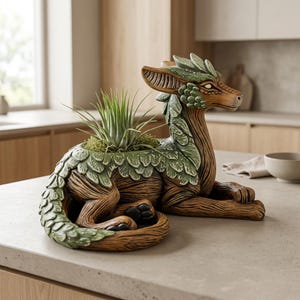 Puede incluir: Una maceta de dragón marrón y verde detallada con una planta en su interior. El dragón está en una pose de descanso, con la cabeza levantada y la cola enroscada. La maceta tiene un aspecto texturizado, similar a la madera, con detalles de hojas verdes.
