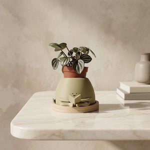 Peut inclure: Un cache-pot en céramique vert olive mat en forme de personnage assis en tailleur lisant un livre ouvert. Le cache-pot repose sur une base circulaire en bois clair et contient un petit pot en plastique marron avec une plante Peperomia.