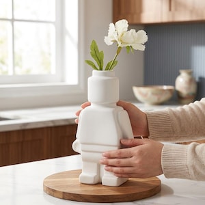 Robot Figure Vase | Sculptural Bud Vase | Toy Inspired Flower Holder | Minimalist Desk and Shelf Decor | Unique Geek Gift for Home