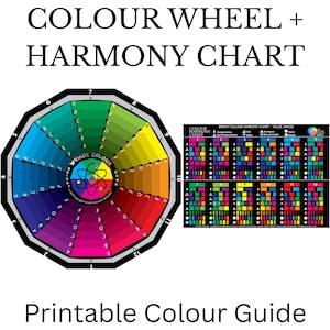 Puede incluir: Una guía de colores imprimible con una rueda de colores y una tabla de armonía. La rueda de colores muestra un espectro de colores, con un diseño central y secciones etiquetadas. La tabla de armonía muestra combinaciones de colores. El texto incluye "COLOUR WHEEL + HARMONY CHART".
