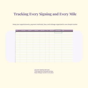 May include: A digital tracker with the text "Tracking Every Signing and Every Mile." The tracker is designed to organize appointments, payment methods, fees, and mileage. The image shows a spreadsheet with columns for various data points.