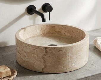 Modern Travertine Stone Sink - Round Countertop Basin - "Pre-sealed for durability