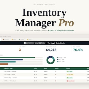 May include: A digital interface for "Inventory Manager Pro" with a dashboard displaying inventory data. The screen shows total SKUs, low stock alerts, and inventory value. The interface includes charts and a product list with cost, price, stock, and status.