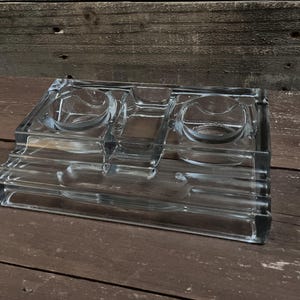 Heavy Clear Glass Double Inkwell | MCM Pen & Ink Holder | Desktop, Writing Table