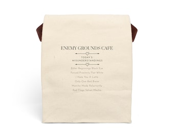 Enemy Grounds Cafe Enemies to Lovers Romance Trope Themed Canvas Lunch Bag | insulated tote