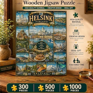 Può includere: Puzzle in legno raffigurante Helsinki, Finlandia, con immagini della Cattedrale e del Parco Esplanade. Il puzzle è disponibile in 300, 500 e 1000 pezzi. Un regalo ideale per gli esploratori.