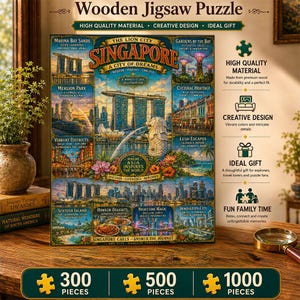 Può includere: Puzzle in legno con un'illustrazione colorata dei monumenti di Singapore, tra cui Marina Bay Sands e la statua del Merlion. Disponibile in 300, 500 e 1000 pezzi. Il testo sul puzzle recita "Singapore, A City of Dreams".