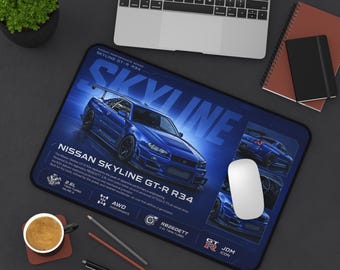 Nissan Skyline GT-R R34 Desk Mat | Blue JDM Sports Car Racing Artwork