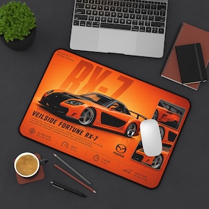 Veilside Fortune RX-7 Desk Mat | Orange Sports Car Racing Mouse Pad