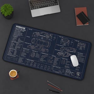Porsche GT3 RS Blueprint Desk Mat | Racing Car Schematic Mouse Pad