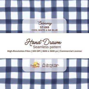 Puede incluir: Un patrón sin costuras dibujado a mano en blanco frío y azul tinta, con un diseño de cuadrícula. El texto de la imagen dice "Colorway ST-069 COOL WHITE & INK BLUE" y "Hand-Drawn Seamless pattern". La imagen también incluye el texto "Sunday Morning".
