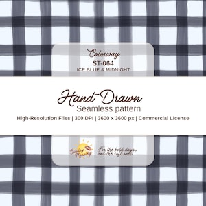 May include: A hand-drawn seamless pattern in a grid design, featuring a watercolor effect with ice blue and midnight blue hues. The text reads "Colorway ST-064 ICE BLUE & MIDNIGHT" and "Hand-Drawn Seamless pattern".