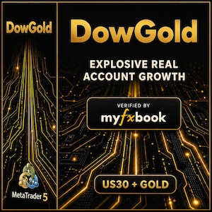May include: A black digital graphic featuring the gold text DowGold, EXPLOSIVE REAL ACCOUNT GROWTH, and US30 + GOLD. A central black rectangle displays VERIFIED BY myfxbook. The background shows gold circuit board lines and a MetaTrader 5 logo.