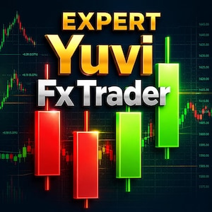 Può includere: Una grafica digitale con il testo EXPERT Yuvi Fx Trader in lettere dorate e argentate. Lo sfondo mostra un grafico finanziario scuro con motivi a candela rossi e verdi e indicatori di prezzo numerici sul lato.