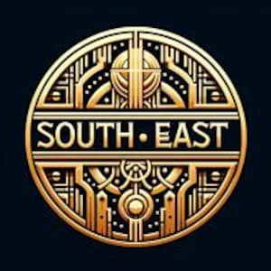 May include: A gold-colored, circular emblem with the words "SOUTH EAST" in a black, rectangular banner. The emblem features an Art Deco design with geometric patterns and lines, set against a dark background.